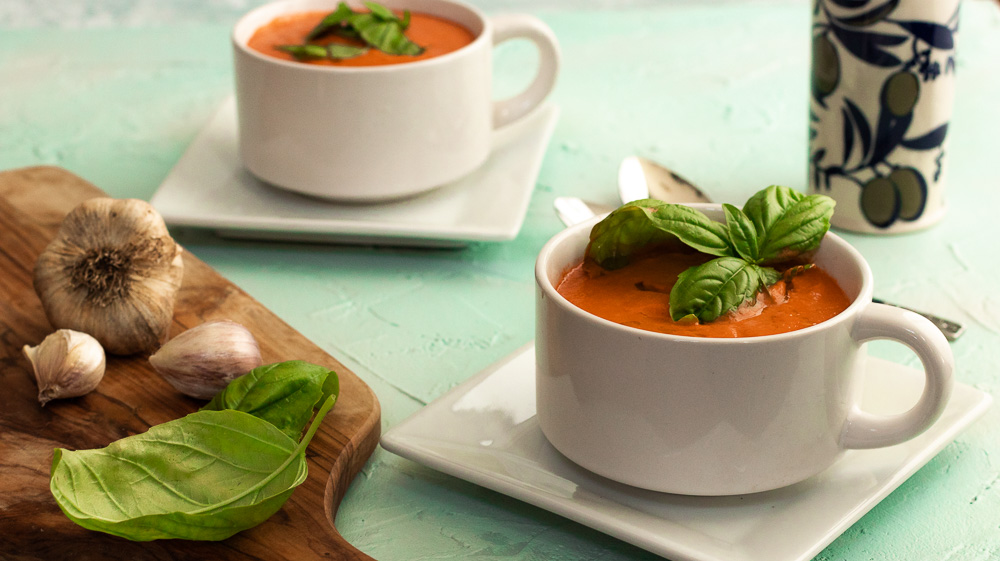 Dairy Free “Creamy” Tomato Soup with Basil Oil